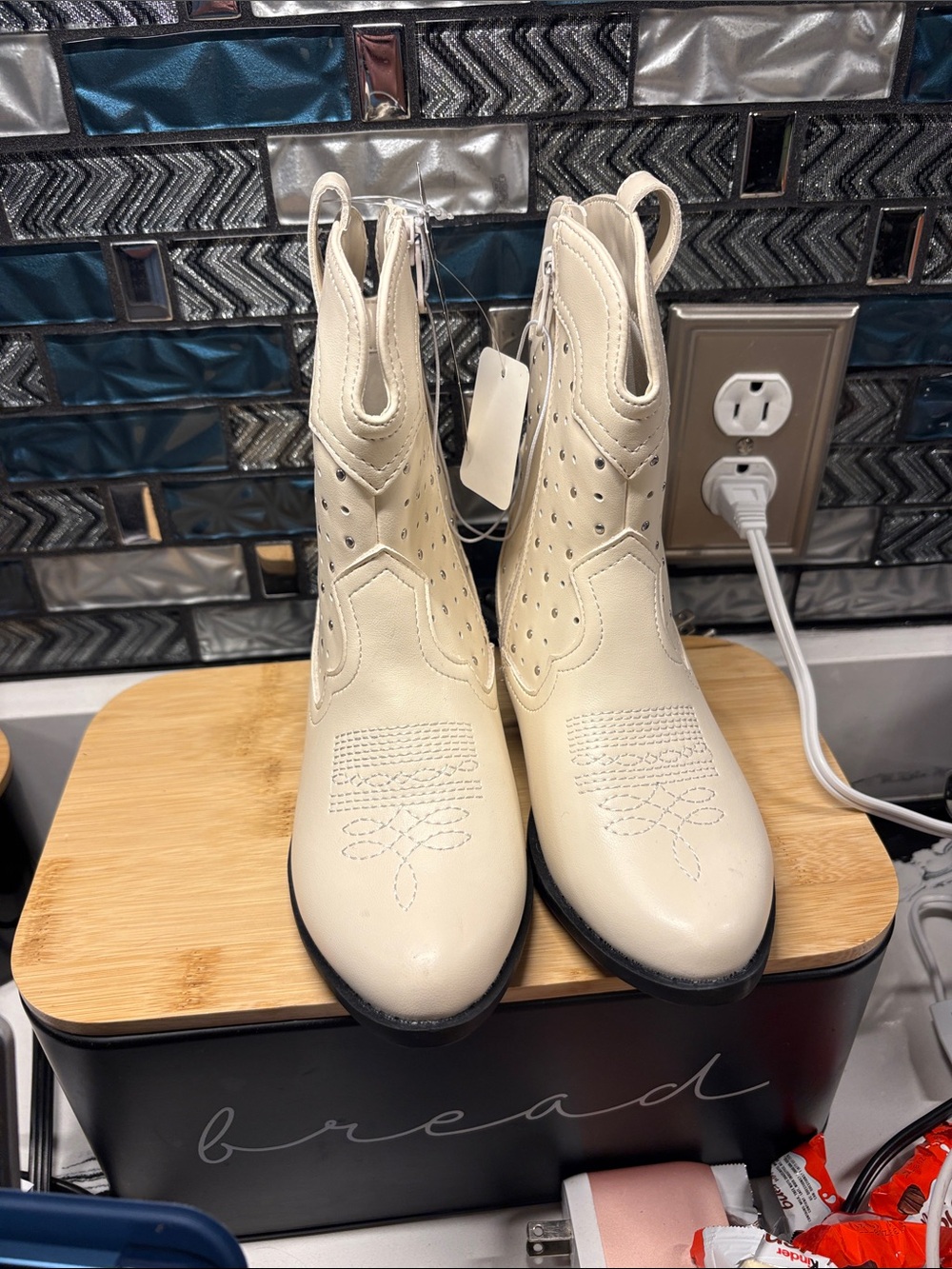 art class Cream Girls' Western Ankle Boots with Perforated Detail